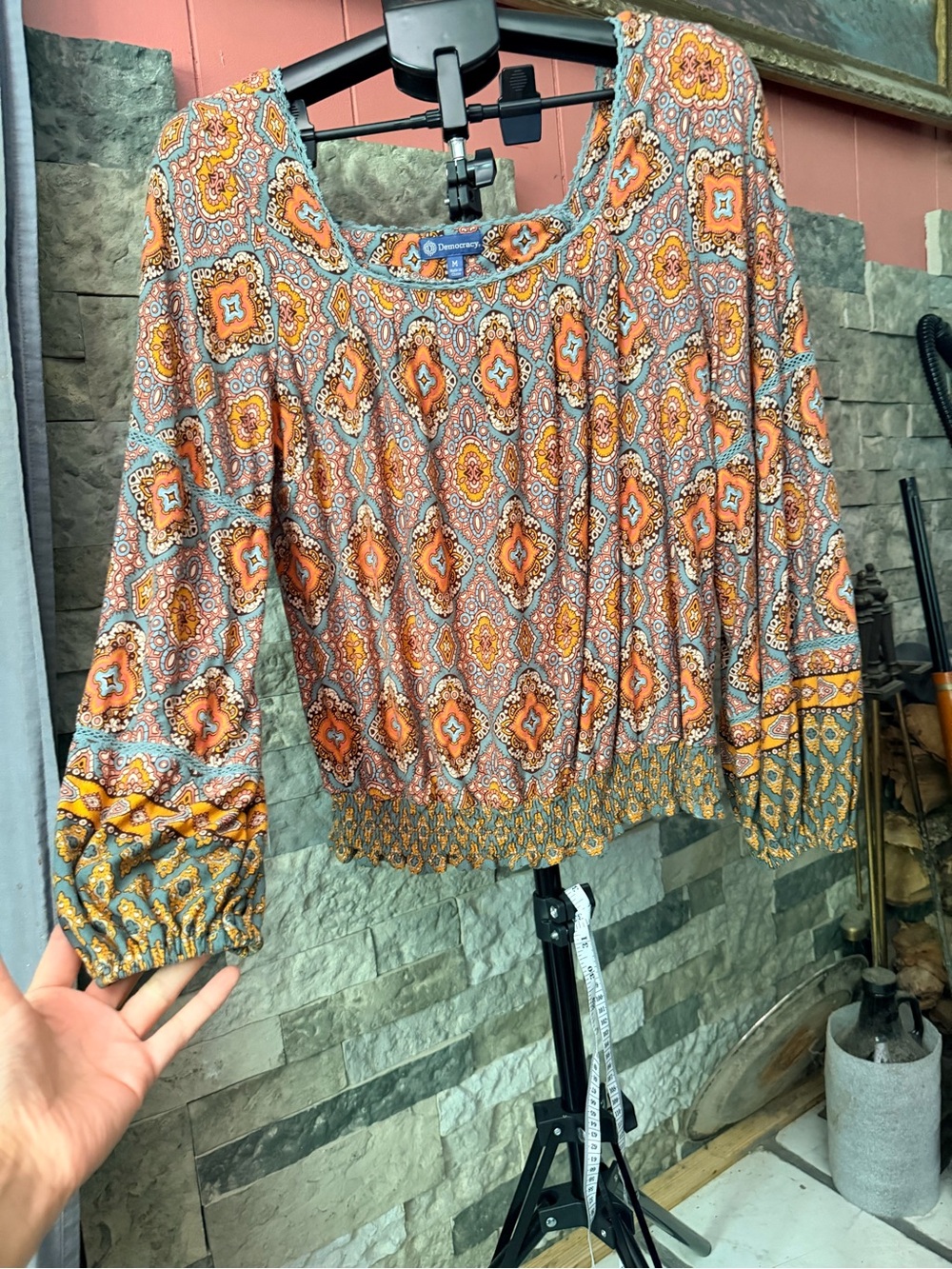 Democracy Geometric Print Square Neck Boho Blouse Smocked Top